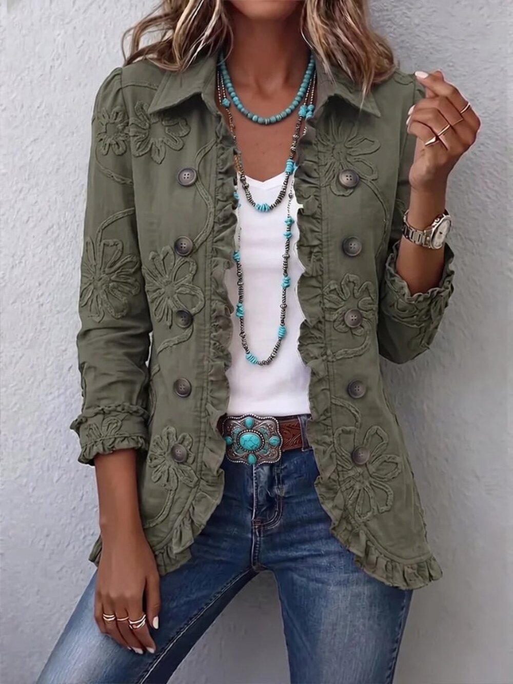 Army Green Elegant Women's Printed Jacquard Regular Jacket